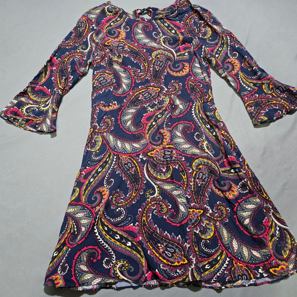 Banana Republic Paisley Dress Womens 8 Navy Blue Bell Sleeve Keyhole Back